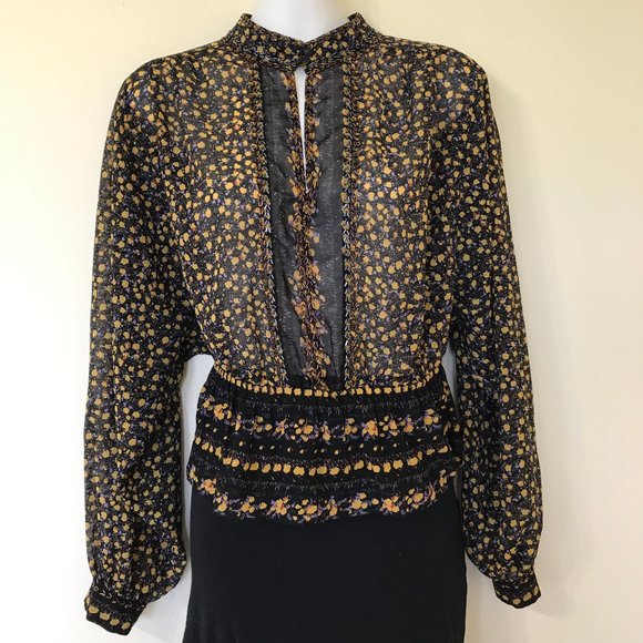 Free People If I Had You Beaded Peplum Blouse Floral Sheer Chiffon Keyhole Neck - Picture 2 of 11